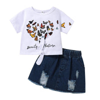 Butterfly Print T-Shirt And Ripped Denim Skirt Girl Toddler Outfit Sets - PrettyKid