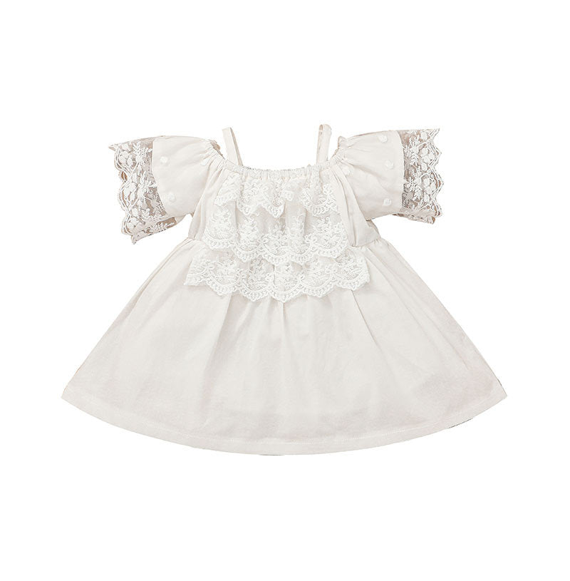 Baby Girl Lace Trim Short-Sleeved Dress Baby Princess Dress - PrettyKid
