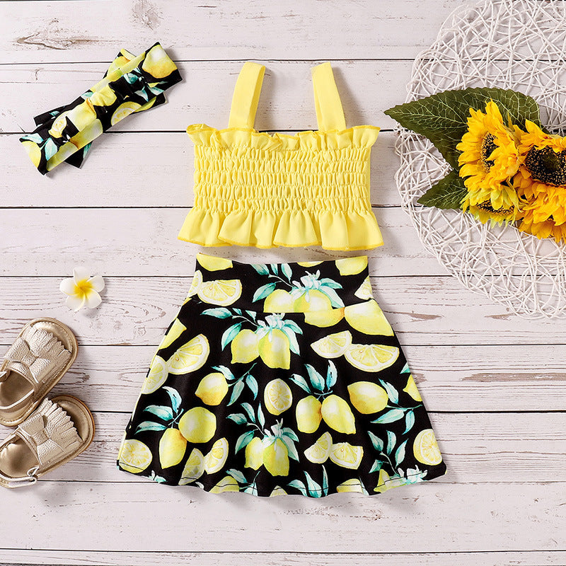 Big Bow Crop Top And Lemon Print Skirt Girl Baby Outfit Sets - PrettyKid