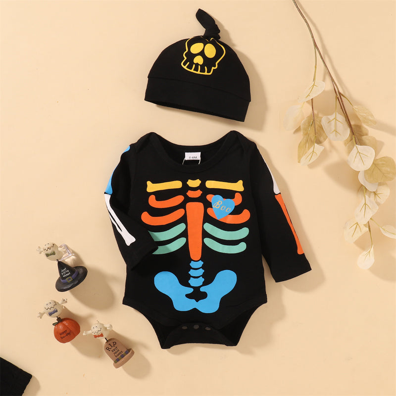 Baby Boys Cartoon Skeleton Printed Long Sleeve Jumpsuit Pants Hat Three Piece Set - PrettyKid