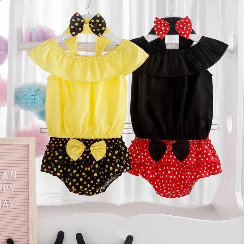 Baby Girl Ruffle Collar Top & Polka Dot Shorts & Headband - PrettyKid