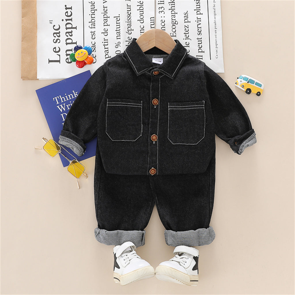 Wholesale Toddler Boy Solid Color Pocket Decor Coat & Pants in Bulk - PrettyKid