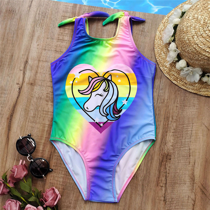 3-10years Girls One Piece Swimsuit Ribbon Unicorn Contrasting Color Triangle Wholesale Kids Boutique Clothing - PrettyKid