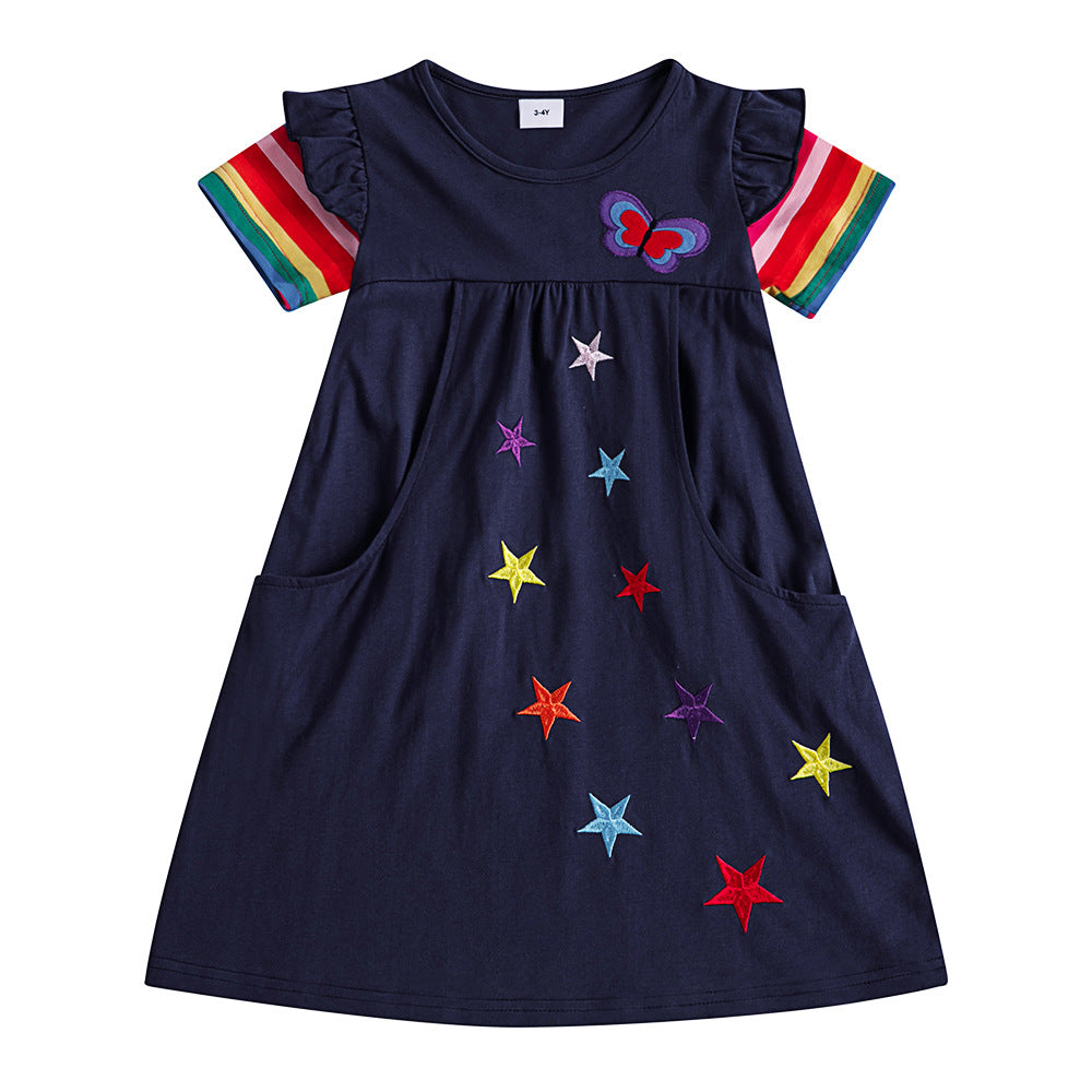 3-8Y Kid Girls Pocket Dress Short Sleeve Star Embroidery Wholesale Kids Boutique Clothing - PrettyKid