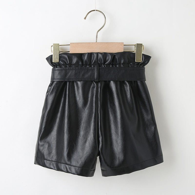 Bowknot Solid Color PU Leather Wholesale Toddler Girl Shorts - PrettyKid