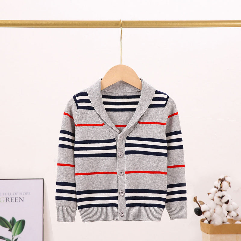 Wholesale Toddler Boys Lapel Stripes Sweater Cardigan in Bulk - PrettyKid