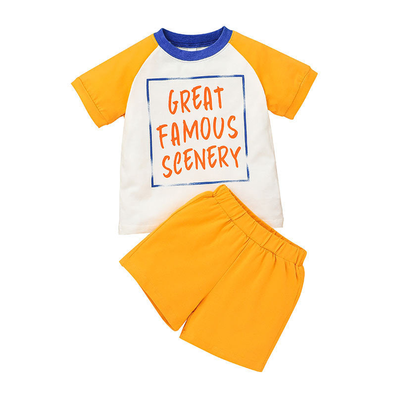 Colorblock Letter Print T-Shirt And Shorts Boy Baby Outfit Sets - PrettyKid