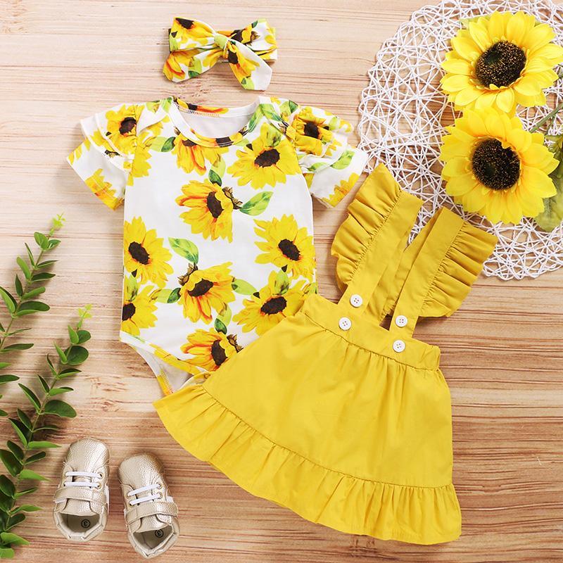 Pretty Floral Ruffled Bodysuit, Suspender Skirt with Headband Set Children's Clothing - PrettyKid