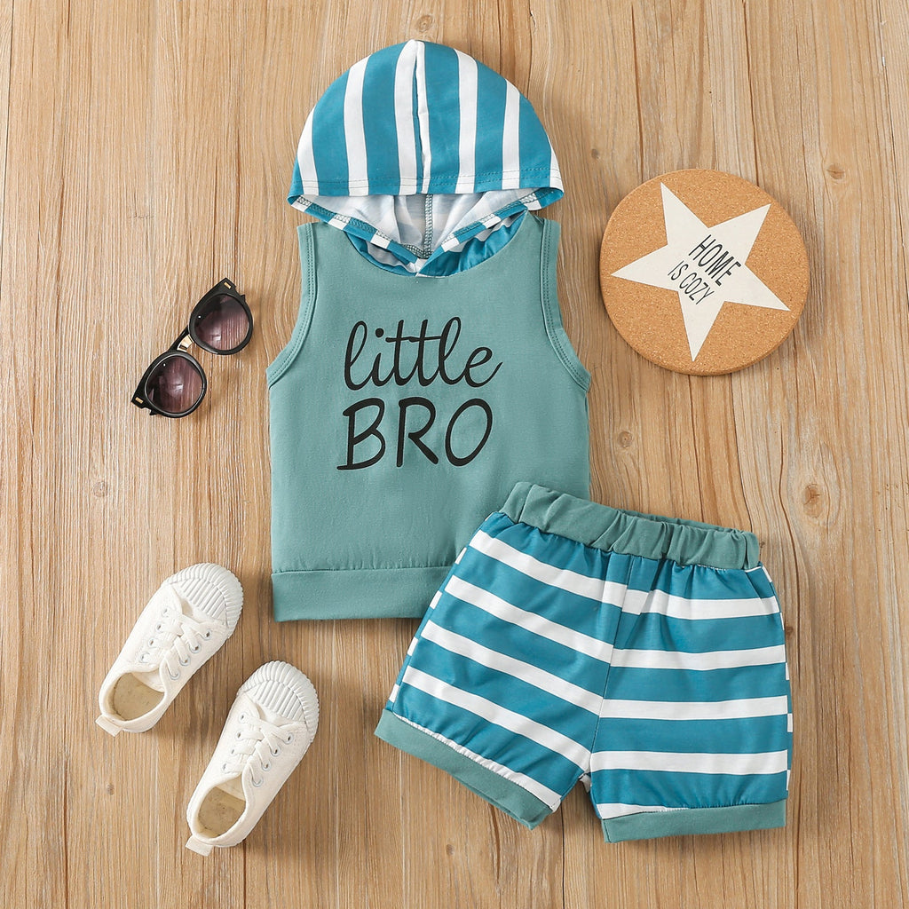 9months-4years Toddler Boy Sets Boys Suit Letter Print Hooded Tank Top & Striped Shorts Suit - PrettyKid