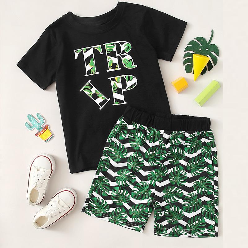 Toddler Boy Letter Print T-shirt & Leaf Print Shorts - PrettyKid