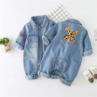 Baby Denim Animal Print Long-Sleeve Rompers - PrettyKid