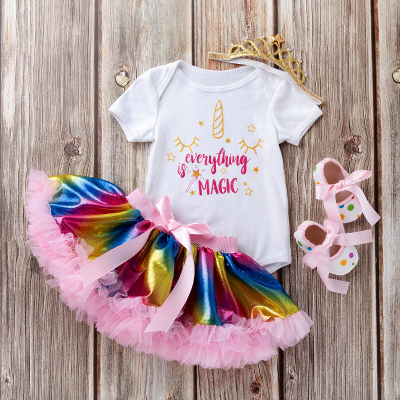 0-18M Baby Girls Birthday Sets Unicorn Letter Bodysuit & Tutu Skirts & Headband Bulk Baby Clothes - PrettyKid