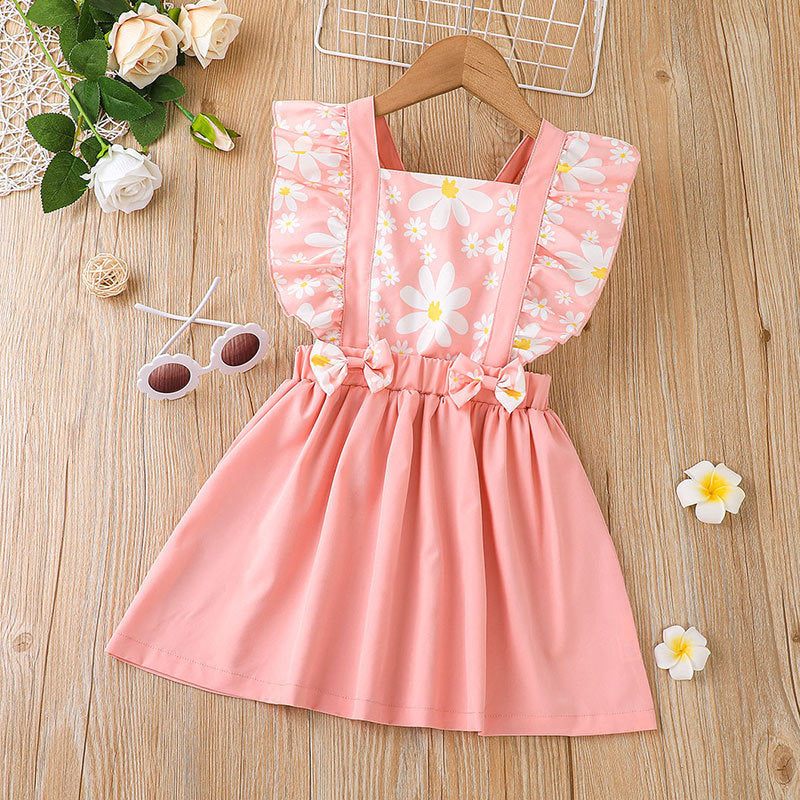 3-7Y Cute Dresses For Girls Sleeveless Bow Print Panel Square Neck Wholesale Toddler Clothing - PrettyKid