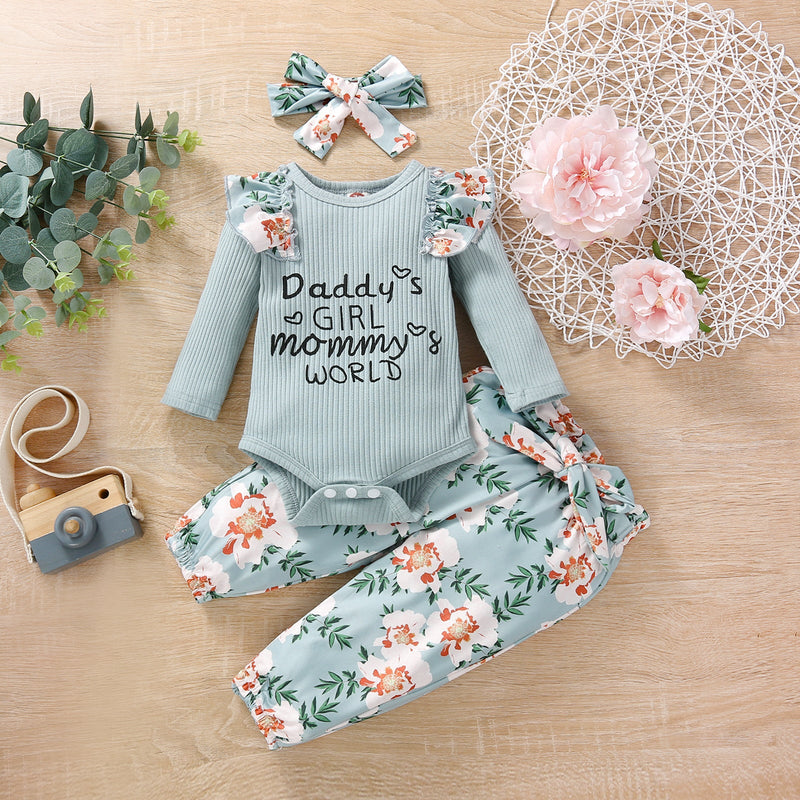 Baby Girl Letter Print Ribbed Bodysuit And Floral Trousers And Headband Baby Outfit Sets - PrettyKid