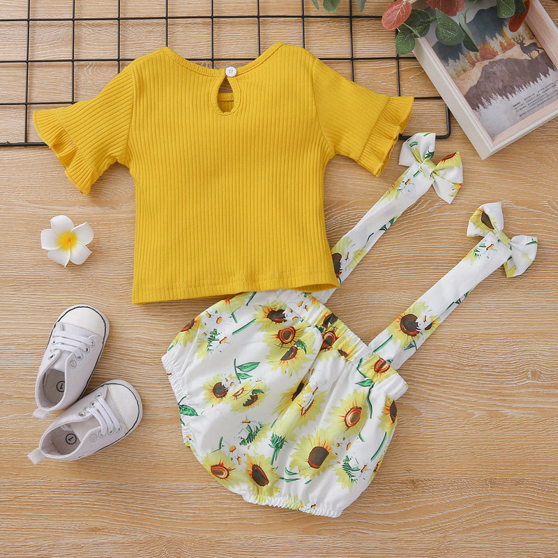 3-18M Baby Girls Clothes Sets Ribbed Tops & Sunflower Print Suspender Shorts Wholesale Baby Clothing - PrettyKid