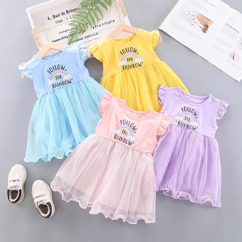 Toddler Girl Ruffle Sleeve Rainbow Mesh Hem Dress - PrettyKid