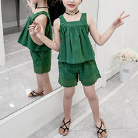 Kid Girl Solid Color Back Button Cami Top & Shorts - PrettyKid