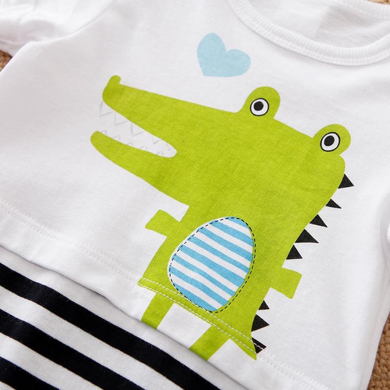 Baby Cartoon Crocodile Pattern Striped Jumpsuit - PrettyKid