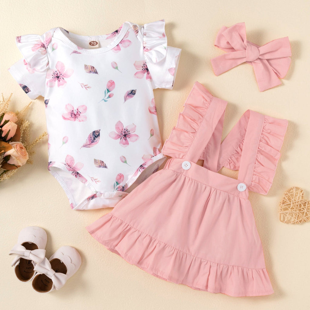 Baby Girl Floral Print Bodysuit And Pink Overalls And Headband Baby Clothes Set - PrettyKid
