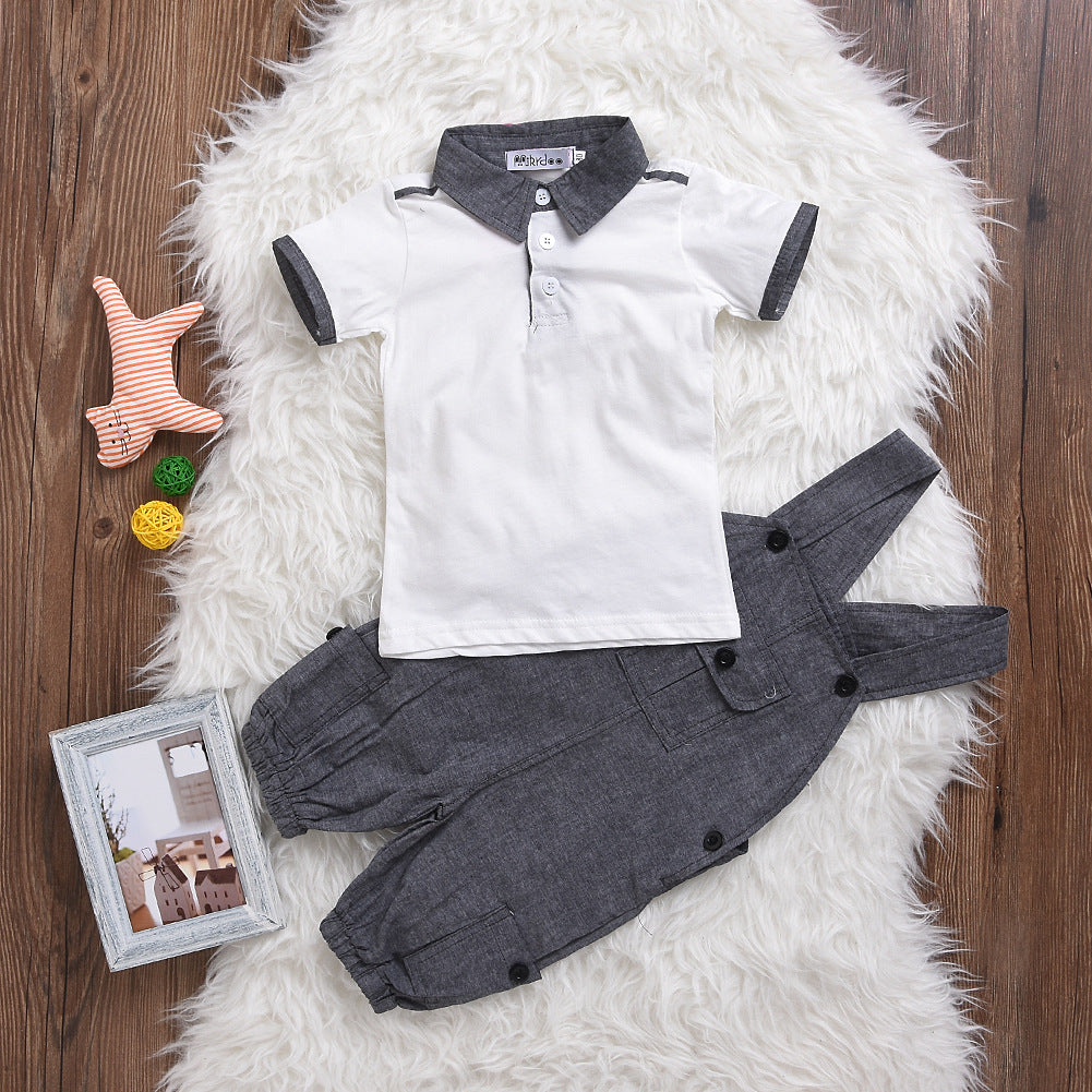 Toddler Boys Solid Polo Collar Short Sleeve Top Strap Pants Set - PrettyKid