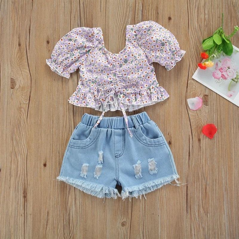 Toddler Girl Puff Sleeve Floral Top & Ripped Denim Shorts - PrettyKid