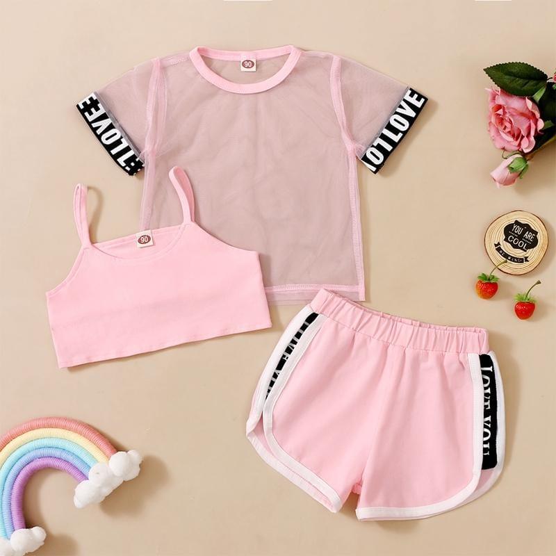 Toddler Girl 3pcs Letter Pattern Summer Suit Mesh T-shirt+Skirt+Cami Top - PrettyKid