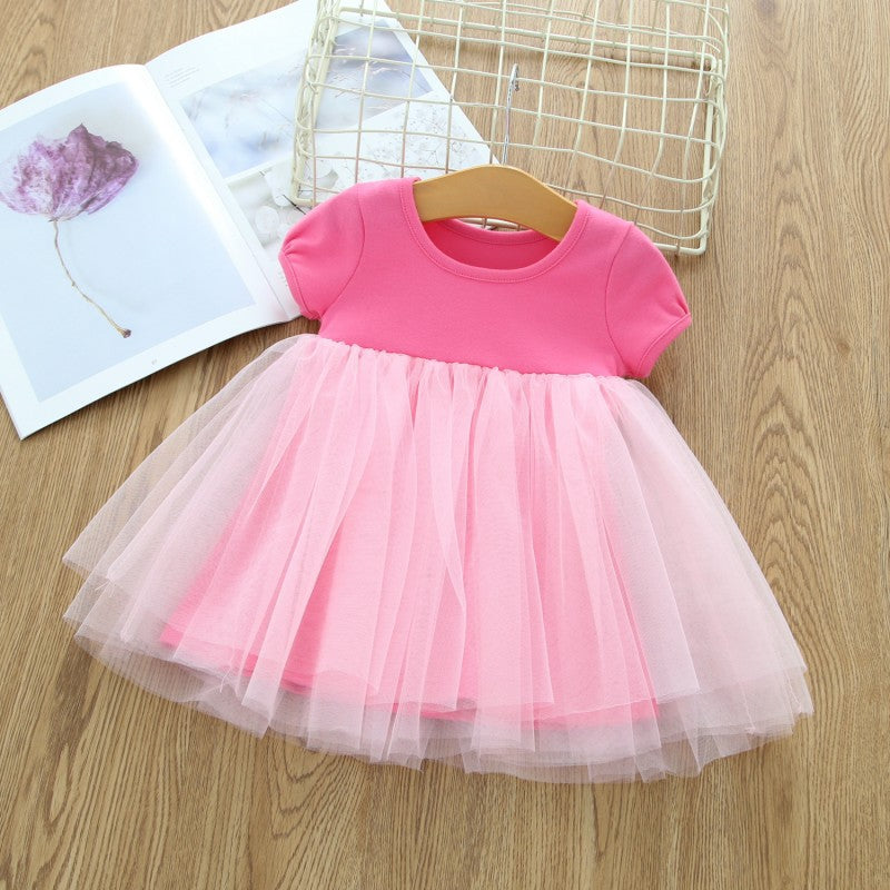 0-24M Short Sleeve Solid Color Crew Neck Puffy Mesh Dress Wholesale Baby Clothes - PrettyKid