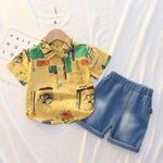 Toddler Boy Abstract Flower Shirt & Denim Shorts - PrettyKid