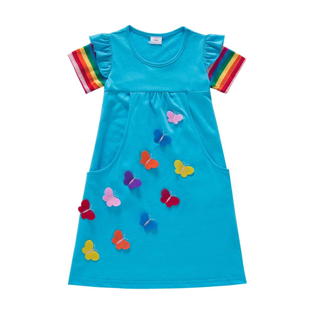 3-8Y Kid Girls Butterfly Pocket Rainbow Sleeve Dress Wholesale Kids Boutique Clothing - PrettyKid