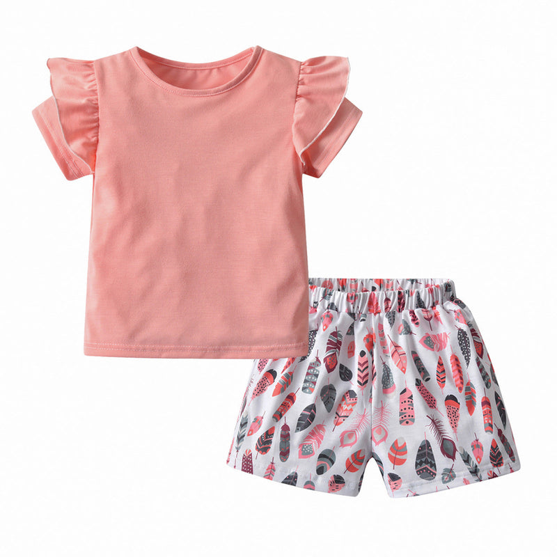 18months-6years Toddler Girl Sets Girls' Round Neck Cake Sleeve & Printed Shorts Casual Two-Piece Suit - PrettyKid