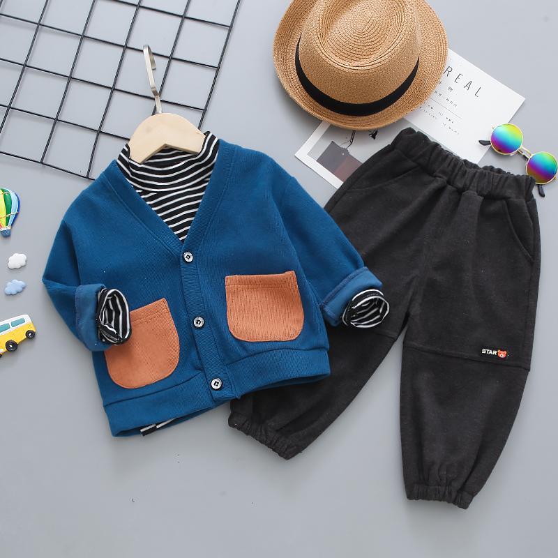 3-piece Pocket Design Cardigan & Striped Sweatshirt & Pants for Children Boy - PrettyKid