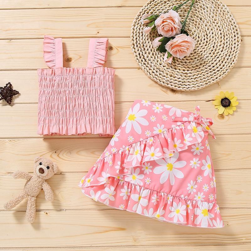 Toddler Girl Ruffle Trim Sleeveless Top & Printed Skirt - PrettyKid