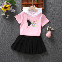 Girl 2pcs Butterfly Pattern Hooded T-shirt & Pleated Skirt - PrettyKid