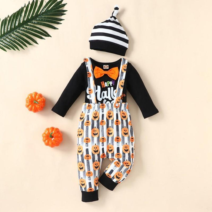 little boy boutique wholesale Baby Letter Print Bow Decor Bodysuit & Overalls & Hat - PrettyKid