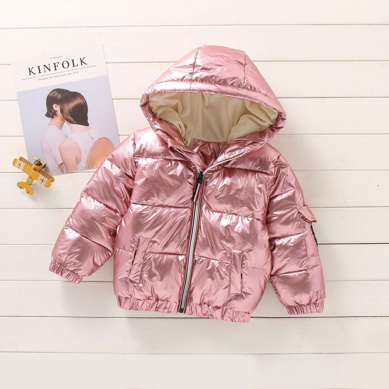 18M-7Y Warm Cotton Coat Velet Thick Bright Surface Waterproof Jacket With Hat Wholesale Kids Boutique Clothing - PrettyKid