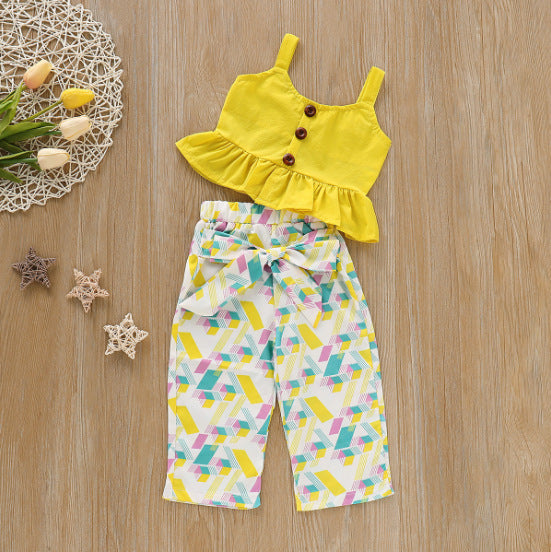 Cami Button Ruffle Hem Top And Pants Wholesale Girls Clothes Sets - PrettyKid