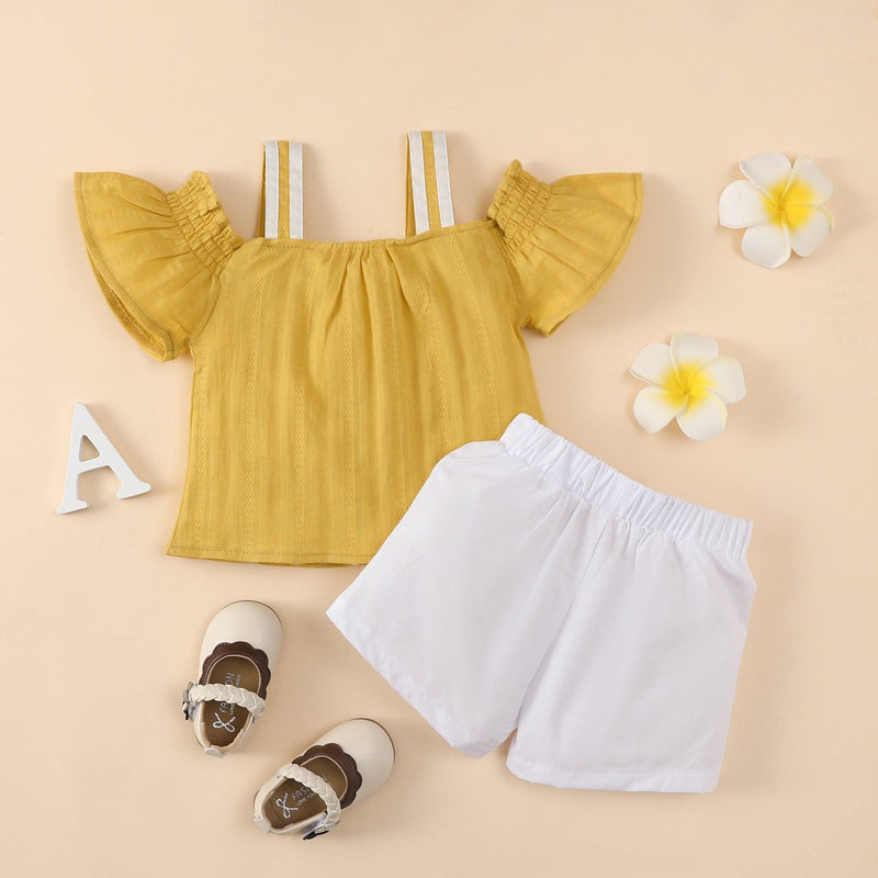 Baby Girl Off Shoulder Fly Sleeve Daisy Top And Shorts Baby Outfit Sets - PrettyKid