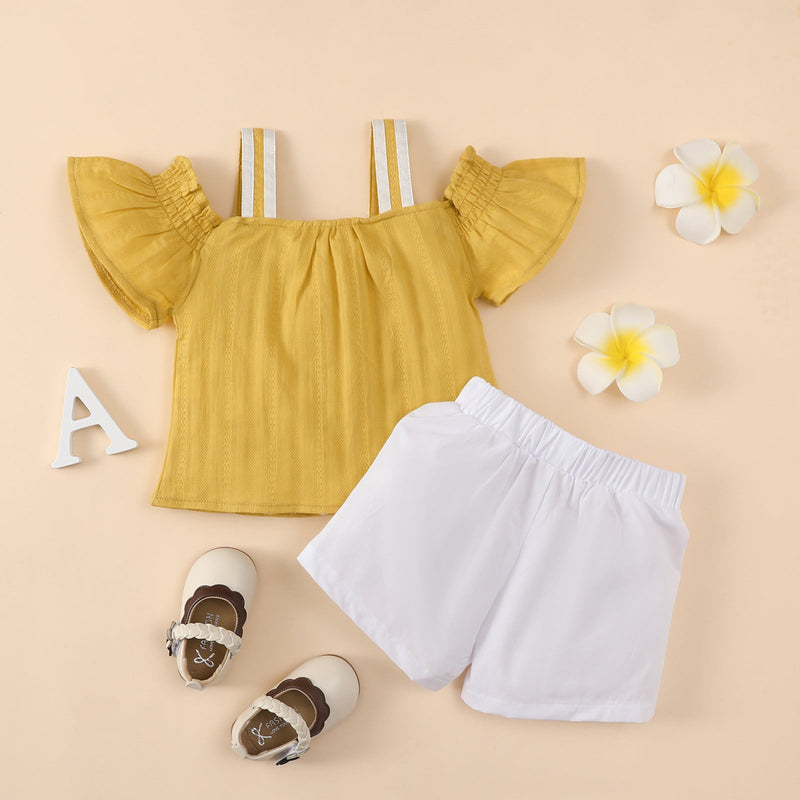Baby Girl Off Shoulder Fly Sleeve Daisy Top And Shorts Baby Outfit Sets - PrettyKid