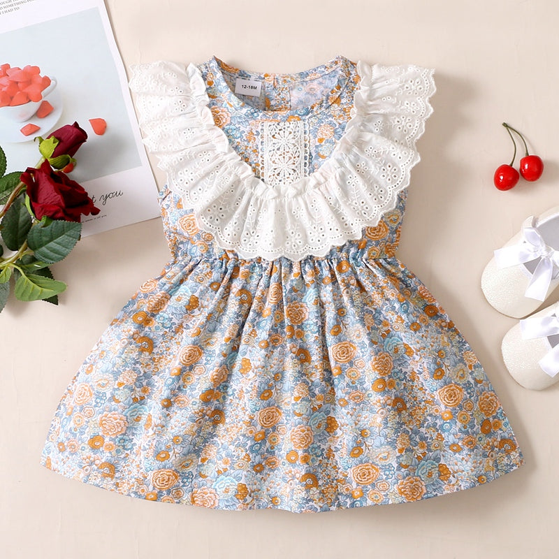 Wholesale Toddler Girl Ruffle Lace Hollow Trim Sleeveless Floral Dress in Bulk - PrettyKid