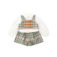 9months-6years Toddler Girl Sets Mesh Sleeve Shirt & Plaid Vest & Shorts Three-Piece Set Children's Trendy Suit Wholesale - PrettyKid