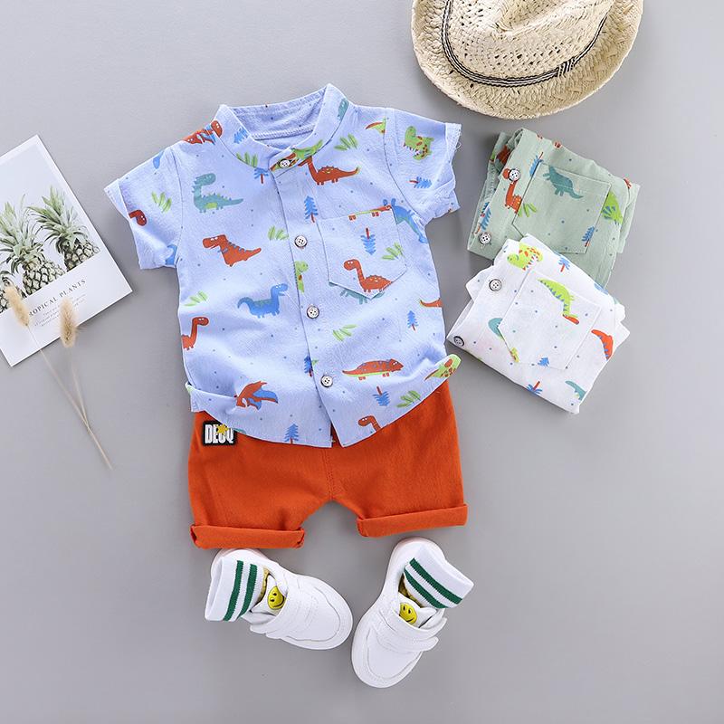 children's place wholesale clothing Baby Boy Dinosaur Print Stand Collar Top & Shorts