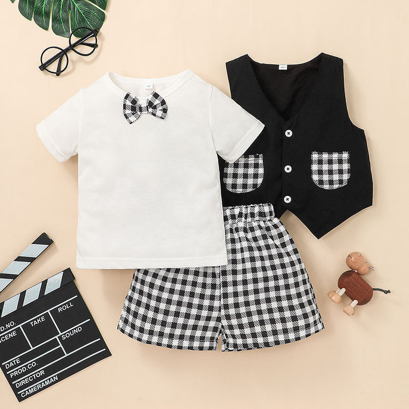Bow Tie T-Shirt And Vest And Check Shorts Toddler Boy Sets - PrettyKid
