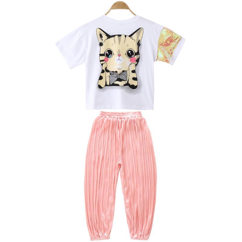 Kid Girl Catoon Cat Patten Top & Pleated pants Children's Clothing - PrettyKid