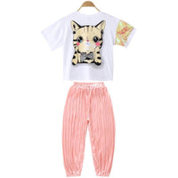 Kid Girl Catoon Cat Patten Top & Pleated pants Children's Clothing - PrettyKid