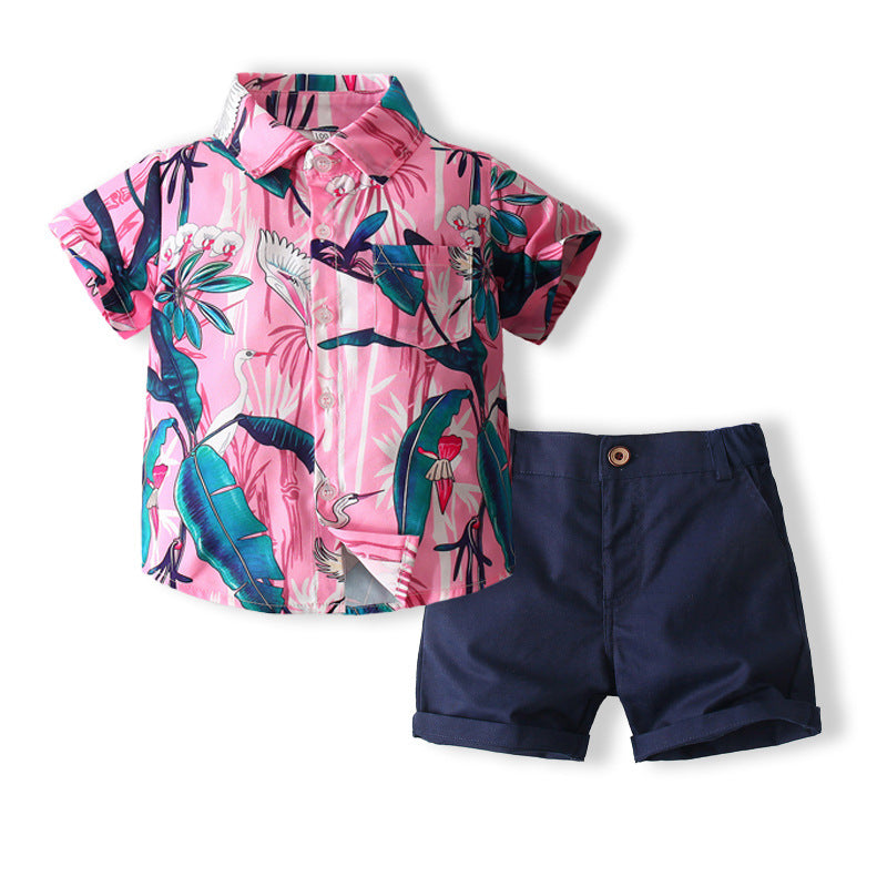 18M-6Y Crane Print Short Sleeve Shirt Gentleman Suit Toddler Boys Sets Wholesale Boys Clothing - PrettyKid