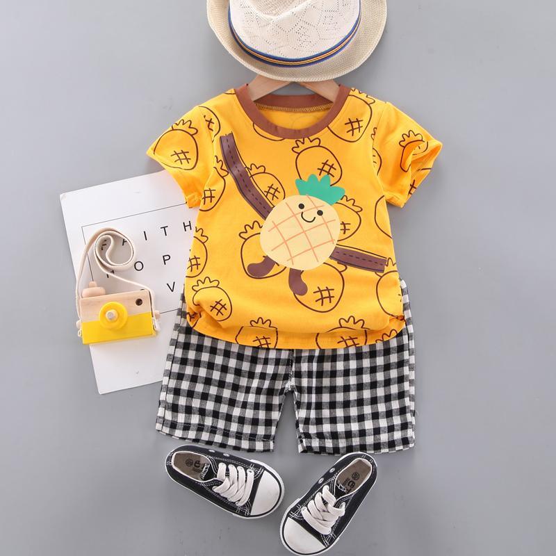 Toddler Boy Cartoon Pineapple Top & Plaid Shorts - PrettyKid