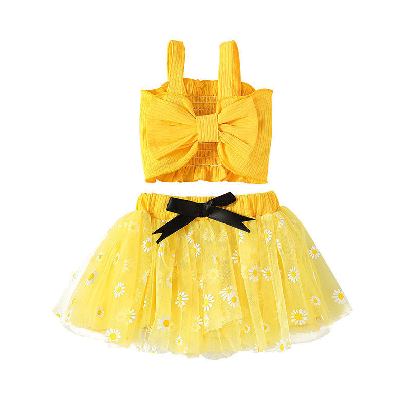 3-24M Baby Girls Clothes Sets Bow Cami Top & Daisy Mesh Skirts Wholesale Baby Clothes - PrettyKid