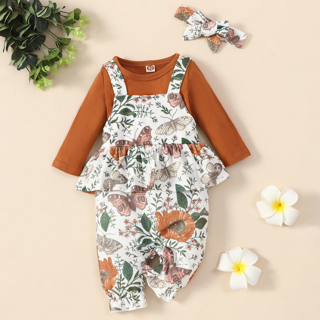 Brown Blouse And Floral Overalls And Headband Three Piece Baby Girl Suit - PrettyKid