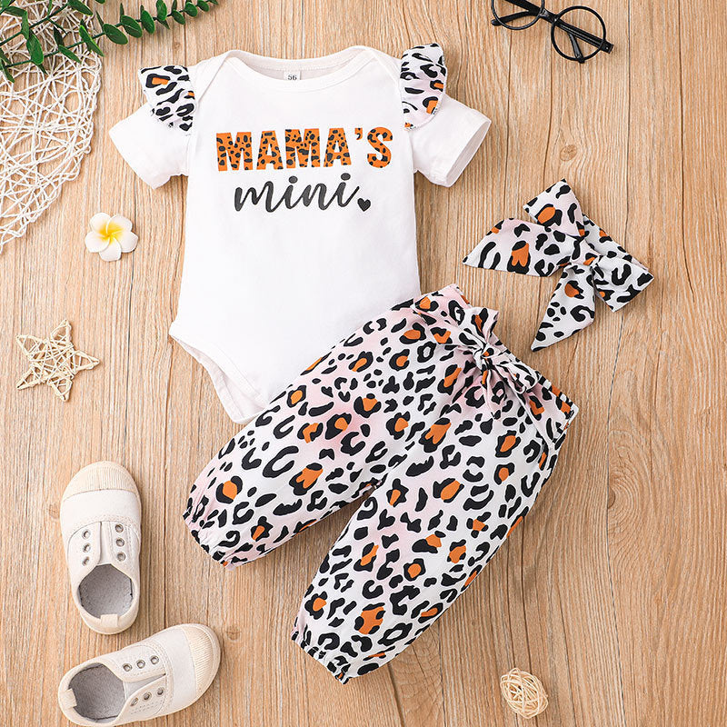 Baby Girl Letter Print Bodysuit And Leopard Print Trousers And Headband Baby Outfit Sets - PrettyKid
