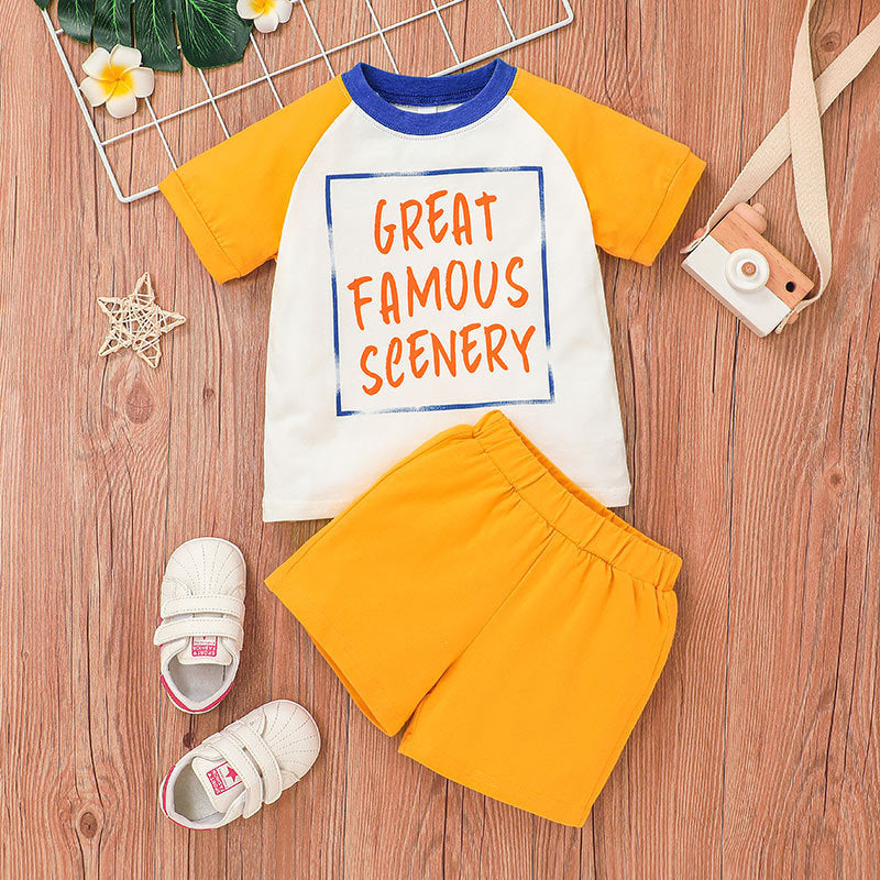 Colorblock Letter Print T-Shirt And Shorts Boy Baby Outfit Sets - PrettyKid